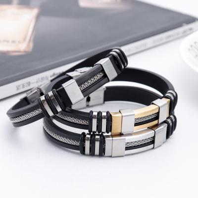 China Fashion Stainless Steel Bracelet Men Wrist Band Black Grooved Rudder Silicone Mesh Link Insert Punk Wristband Stylish Casual Bracelet for sale