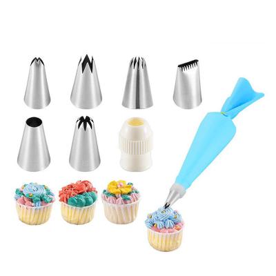 China Sustainable Hot Sale Good Price Baking Accessories Stainless Steel 8 Piece Pastry Spouts Set With Pipe Bag for sale