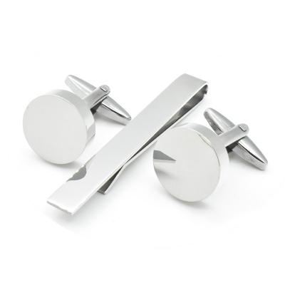 China Shiny Polish Wholesale Blank Cufflinks Clip Pin Custom Logo Stainless Steel Tie Round Shape Silver Color Shirt Cufflinks and Link Clip Set for sale