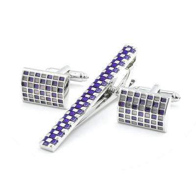 China Fashionable Violet Mixed Purple Enamel Cufflinks and Pin Silver Plated Trendy Wedding Link Cufflinks and Tie Cufflinks and Link Clip Set for sale