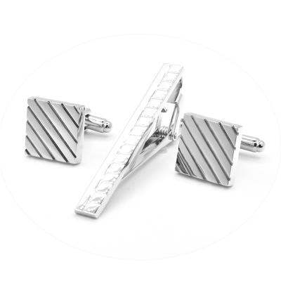 China Fashionable Custom Mens Cufflinks Plain Metal Suit Shirt Cufflinks and Tie Pin Strips Pattern Texture Link Cufflinks and Link Clip Set for sale