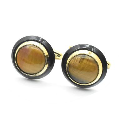 China New Arrival Luxury Semi-precious Coffee Brown Tiger Eye Agate Stone Cufflinks Luxury Suit Shirt Cufflinks Premium Custom Made Fashionable Gold for sale