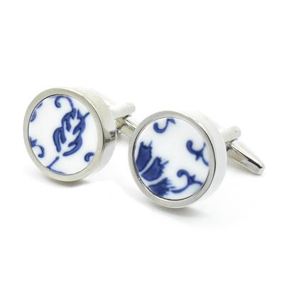 China Accessories Fashionable Wholesale White Blue Floral Porcelain French Ceramic Stone Silver Plated Cufflinks Cuff Links Suit Shirt Fashion for sale