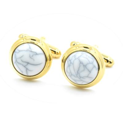 China Wholesale Classic Popular Gold Brass White Marble Unisex Cufflinks Round New Elegance French Fashionable Stone Shirt Design Cufflinks for sale