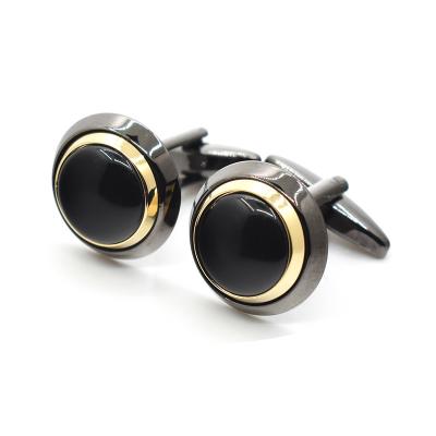 China Simple Design Stylish Men's Formal Shirt Link Agate Stone French Cufflinks Gold Black Tone Plated Cufflinks Premium Quality Fashionable Two Cufflinks for sale