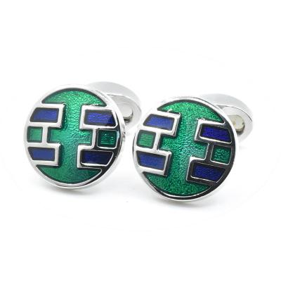 China Fashionable Style High Quality Classic Green-Blue Enamel Custom Cufflinks For Men Business French Shirt Silver Color Groom Jewelry Gift for sale