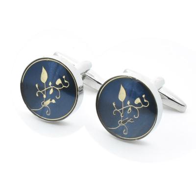 China Wholesale Laser Gold Foil Flower Enamel Cuff Links Blue High Quality Stone Silver Color Cufflink Business Shirt Cufflinks Fashionable Cufflinks for sale