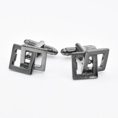 China Fashionable Custom Gun Black Two Open 3D Squares Pattern Cuff Links Fashionable Design Engraved Texture Plain Metal Cufflinks For Men for sale