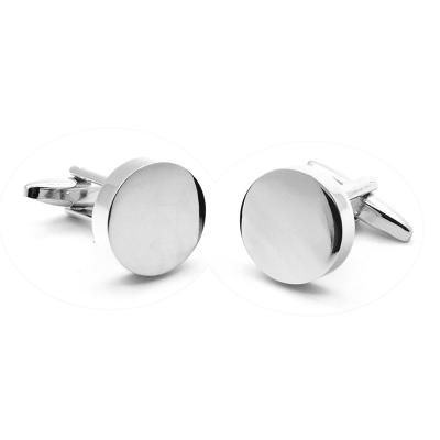 China Fashionable Whole Sale High Quality Suit Shirt Cuff Links Plain Silver Color Metal Simple Blank Round Wedding Engraving Cufflinks for sale