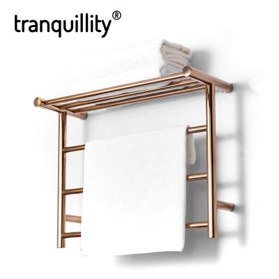 China Heater Bathroom Towel Radiator Electric Heated Towel Heater With Shelf Rose Gold PVD Titanium for sale