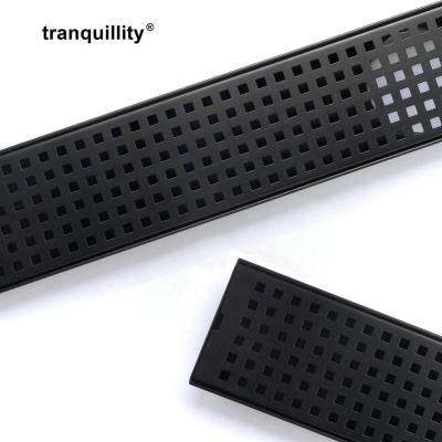 China Modern Black Linear Shower Drain Square Hole Floor Drain Stainless Steel Bathroom Long Channel for sale