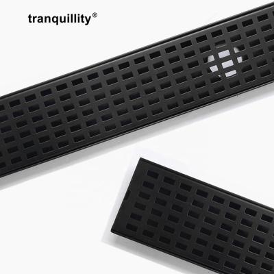 China Modern Rectangle Black Hole Linear Drain Grid Shower Stainless Steel Bathroom Floor Drain for sale