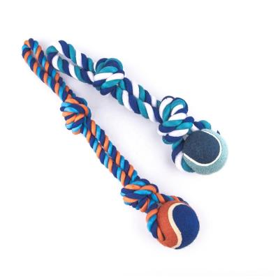 China Manufacturing Factory Various Viable Blue Purple Cotton Handle Chew Pet Rubber Rope Toy With Tennis Ball for sale