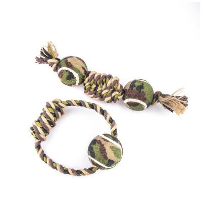 China New Arrivals Durable Cotton Rubber Camouflage Durable Chew Dog Toys Tennis Ball With Rope for sale