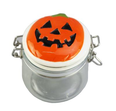 China JACK o Glass Ceramic and Glass Lantern Bottler Pumpkin Halloween Glass Cookie Jar for sale