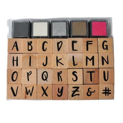 China Simple wooden alphabet stamps set 28 stamps and 5 ink pads for sale