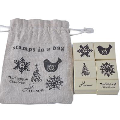 China 6pcs craft christmas snow and adult hot sale tree and bird and words adult rubber wood stamp in sack bag for sale