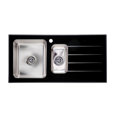 China Without Faucet 304 High Grade Toughened Glass DOUBLE BOWL Kitchen Sink Black for sale