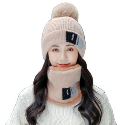 China Same As New 2 Pieces Of Pictures Women Warm Thick Fleece Winter Striped Knit Beanie Hat Scarf Set for sale