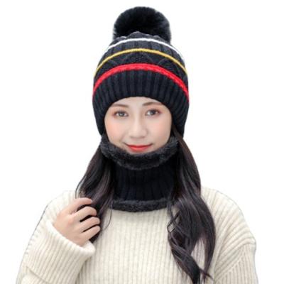 China Same As Pictures 2020 Winter Colorful Striped Women Knitted Beanie Hats And Scarf Sets for sale