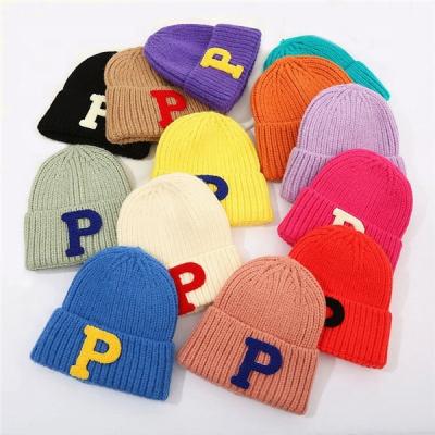 China JOINT wholesale 2021 popular trend letter design candy colors kids knitted winter hat soft thick cold beanie for kids for sale