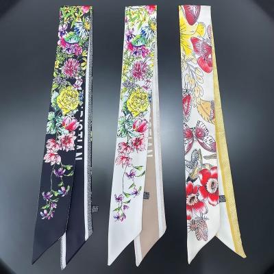 China Long Tarot Ribbon Scarf Floral Print Women Handle Bag Scarf Girls Elegant Twill Silk Hair Scarf for sale