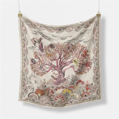 China Printing Patterns 53cm Lightly Lady Decoration Polyester Square Silk Scarf Four Seasons Flowers And Soft Money Trees for sale