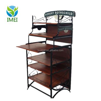 China Metal POP Custom Design Retail Stores Supermarket Wood And Metal Wine Display Rack Food Display Rack for sale