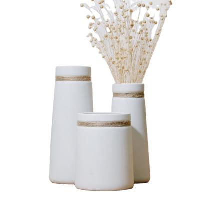 China Europe Modern White Ceramic Hemp Rope Table Decoration Mouth Tapered Wide Flower Vase for sale