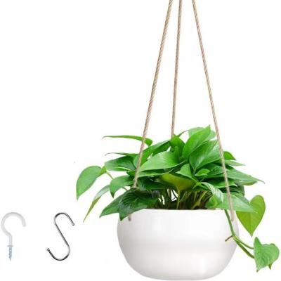 China Modern Home Decor Ceramic Hanging Planter with Drainage Holes White Morden Plant Hanging Pot with Hooks, 7.5 Inch for sale