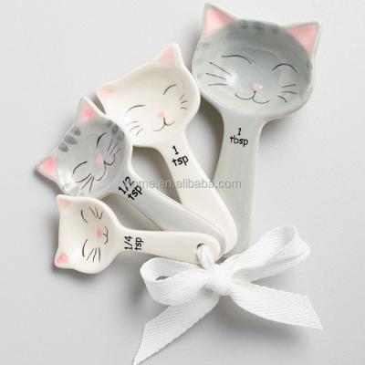 China Viable White and Gray Cat Shaped Ceramic Measuring Spoons for sale