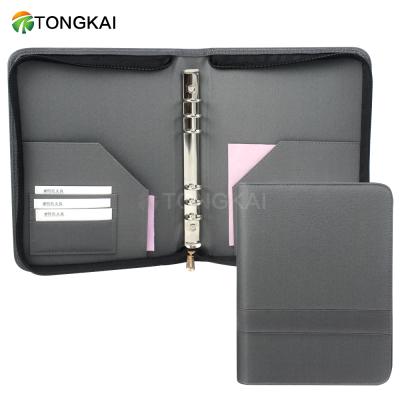 China 6 Ring Binder Business Fancy 6 Ring Binder Zipper Leather Folder Gray Binder with Card Holder for sale