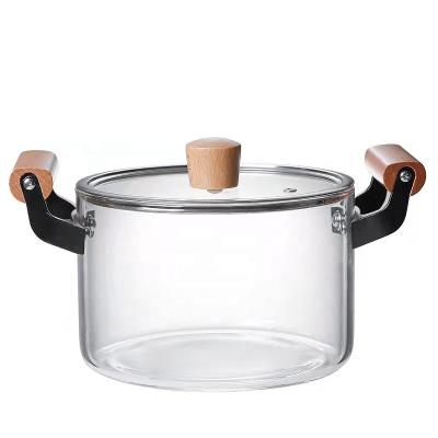 China Large Sustainable 3L 4I Can Be Heated By Open Flame Clear Transparent Glass Cooking Pot Set With Wooden Handle for sale