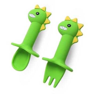 China Minimalist Baby Feeding Silicone Fork Spoon Green Shaping Short Fork Spoon Cartoon Dinosaurs Soft Children Silicon Tableware Set for sale