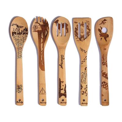 China Portable Wood Stocked Utensil Spoon Bamboo Spatula 6 Styles Cooking Turners Slotted Stand Mixing Shovels for sale