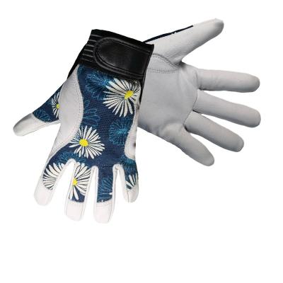 China General Purpose White Cowhide Leather With Floral Printing Fabric Safety Glove For Gardening Working Driving Building Construction for sale