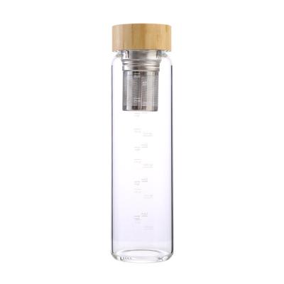 China 500ml Natural Bamboo Lid Glass Tea Bottles Infuser With Capacity Marker for sale