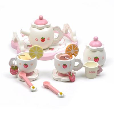 China Educational Toys Kitchen WW410 Wooden Toys Girls Afternoon Tea Set Pink Strawberry Tea Set Pretend Play Toy Educational Tools for sale