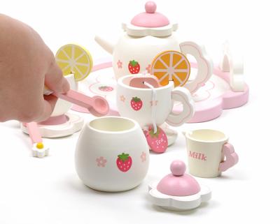 China Eductional Toys FW72 Tensing Montessori Pretend Play Toy Girls Educational Tools Wooden Kitchen Toys Girls Afternoon Tea Set Pink Strawberry Tea Set for sale