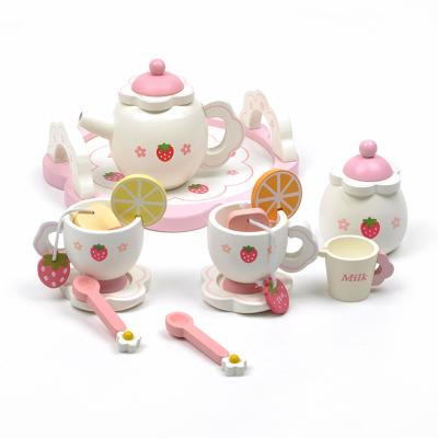 China Educational Toys PT72 Wooden Kitchen Toys Pink Tea Set Pretend Play For Toddlers Wooden Tea Sets For Little Girls Pink Tea Party Set For Kids for sale