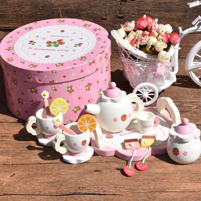 China Eductional Toys PT69 Early Educational Toys For Kids Wooden Kitchen Toys Pink Tea Set Kitchen Pretend Play Afternoon Tea Set Wooden Tea Toy for sale