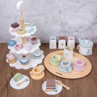 China PT55 Eco-Friendly Non-Toxic Wooden Dessert Tray Toys Wooden Chocolate Cake Set Round Stand Toy Wooden Cake Stand 3 Tier Cake Set for sale