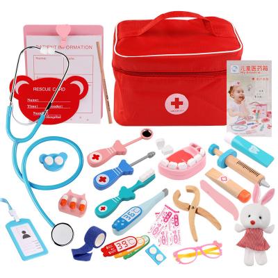 China Pretend Play Kids Pretend Play Wood Nursing Toys Medical Infusion Kit Tissue Bag Games Kit Doctor Packing Infant Medicine Dentist Medicine Box Sets for sale