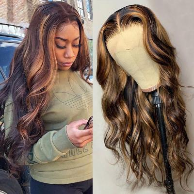 China Honey Blonde Highlight Body Wave 13X6 Sheer Lace Wig PrePlucked Frontal Highlight Colored Remy Human Hair Lace Frontal Wig for sale