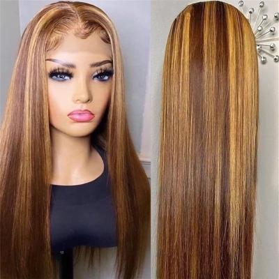 China Honey Brown Color Straight Human Hair Highlight Lace Front Wig Highlight Human Hair Highlight Wig HD Transparent Wig Body Wave for sale