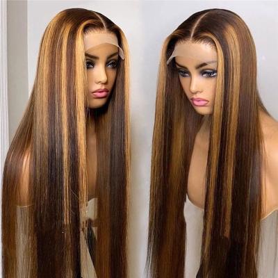 China Body Wave Highlight Brown Lace Front Human Hair Wigs For Women Bone Straight Transparent 13x4 Lace Frontal Wig Colored Hair Wigs for sale