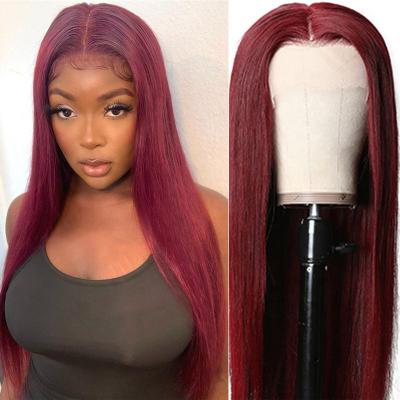 China Body Wave 99J Colored Straight Transparent Lace Front Human Hair Wigs 13x4 HD Glueless Wine Red Lace Front Wig For Women for sale