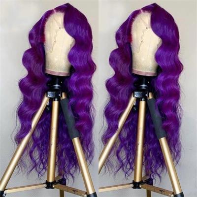 China Purple Lace Front Wig Human Hair Body Wave Body Wave Wigs For Women Pre Plucked Colorful Hd Transparent Lace Frontal Wig for sale