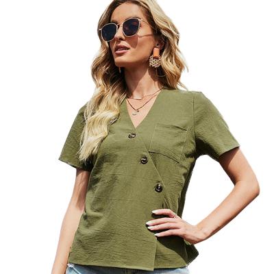 China Women Breathable Hot Sale Army Green V-Neck Short Sleeve T-shirt Blouse With Diagonal Buttons for sale