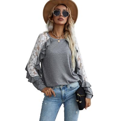 China New Style Women's Breathable Loose Patchwork Lace T-shirt Solid Color O-neck Long Sleeve Ladies T-shirt for sale